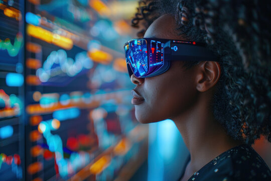 African woman in 3D virtual glasses in and interactive glass board - Powered by Adobe