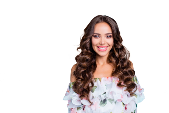 Close up portrait of attractive, pretty, dreamy, charming curly brunette with toothy hollywood smile look at camera isolated on vivid teal background with copy space for text