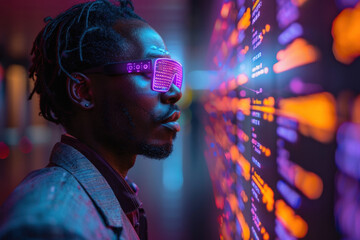 African man in 3D virtual glasses in and interactive glass board