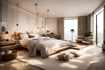 Fototapeta na wymiar A cozy bedroom with minimalist furnishings and warm, neutral tones