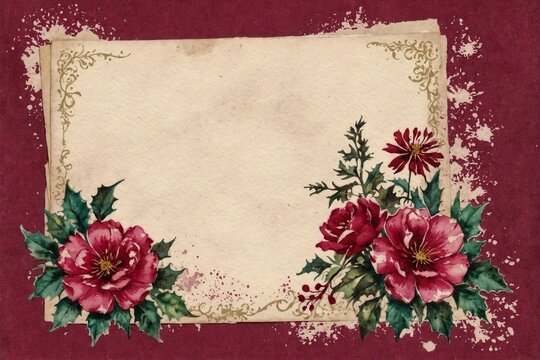vintage background with aged paper card and red flowers