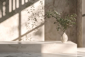 Stylish Podium with Subtle Shadows and Vase with Greenery