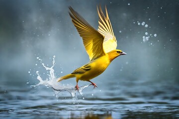 canary  bird flying from water