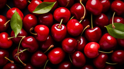 A lot of red ripe cherries. Fresh organic cherry berries with leaves, fruit background. Bunch of bright red cherries shot from above. Cherry background