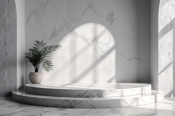 Marble Display Stand with Potted Palm in a Bright, Airy Corner