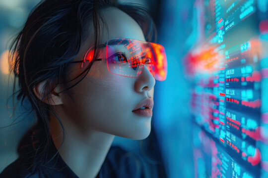 Asian woman in 3D virtual glasses in and interactive glass board - Powered by Adobe