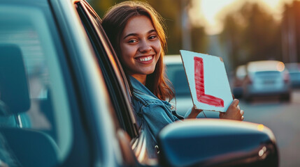 A girl with a paper sign.driving license exam, driving test pass concept - obrazy, fototapety, plakaty