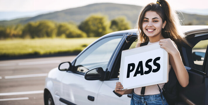 A girl with a paper sign.driving license exam, driving test pass concept