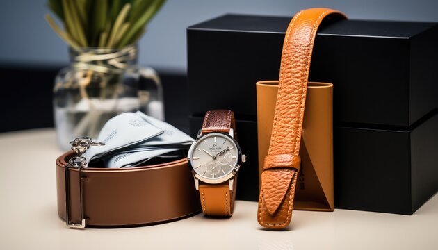 cologne for men, brown gift box, cufflinks, watch with a black leather strap and leather belt