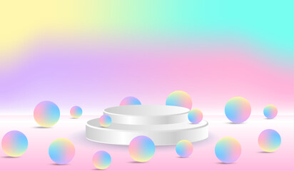 pastel abstract background There is a white product pallet. and pastel colored balls placed around Use for posters, cards, backgrounds.