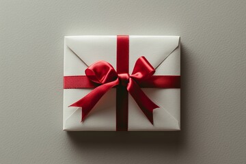 Experience the essence of simplicity, style, and elegance in a minimalist context with a blank white gift card adorned with a classic red ribbon bow