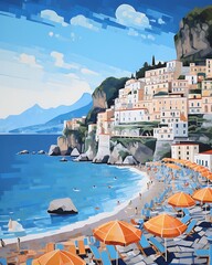 Amalfi Italy Coast Acrylic Painting Illustration Artwork - Watercolor Travel Mediterranean Coastal Print - Tourism Italian Cliff Coastline Seascape Portofino Oil Painting Portrait Destination Wall Art - obrazy, fototapety, plakaty