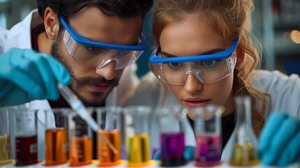 Friends working together on a science experiment in a school laboratory, wearing safety goggles and holding test tubes, with colorful chemicals and apparatus on the lab bench