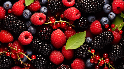 Berry closeup overhead colorful assorted mix of strawberries, blueberries, raspberries, blackberries, red currants on background. Background of different berries and fruits - obrazy, fototapety, plakaty