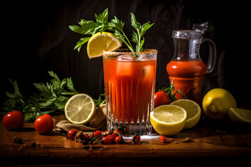 Bloody Mary angerichtet auf einem Tisch vor dunklem Hintergrund, Cocktail, Happy Hour, erstellt mit generativer KI