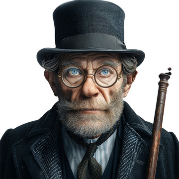 A portrait close up of a male beggar with a monocle and a top hat, wearing a suit and a tie, holding a cane in his hand, isolated on transparent background, PNG format