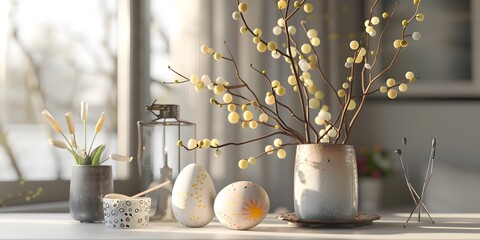 Tree branches decorated with Easter eggs in a vase in light colors