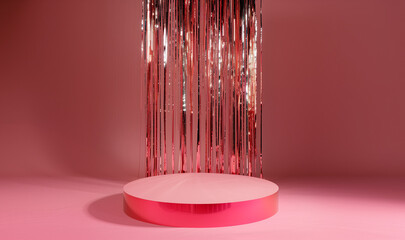 pink round prize plinth podium stage with metallic foil fringe curtain isolated on plain studio background	