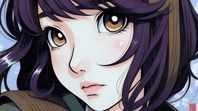 Character of Japanese comics manga, a beautiful brunette girl with large light honey-colored eyes