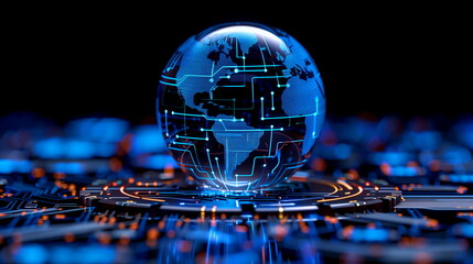 Globally connected digital world represented by a 3D globe with digital network lines on a blue circuit board - obrazy, fototapety, plakaty