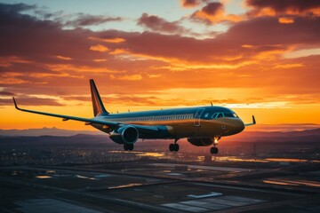 View of a passenger plane landing with its landing gear extended against a sunset background