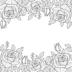 Vintage vector frame. Garden and wild roses. In the style of an old botanical illustration. Black and White.