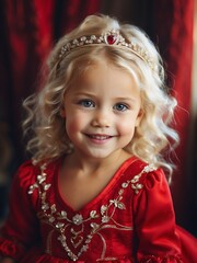 Adorable smiling happy blonde baby girl dressed as a princess in red dress from Generative AI