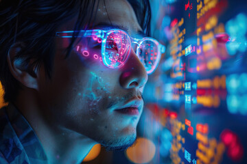 Asian man in 3D virtual glasses in and interactive glass board