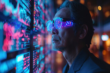 Asian man in 3D virtual glasses in and interactive glass board