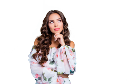 Sale discount. Portrait of thoughtful girl look aside, touch chin by hand in chiffon white blouse dress isolated on shine teal background with copy space for text - Powered by Adobe