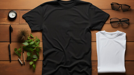 Mockup of a black t-shirt on a wooden background