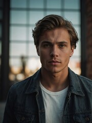 Obraz premium Portrait of a handsome young caucasian man staring at the camera from Generative AI
