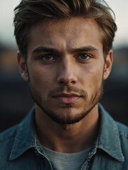 Fototapeta premium Portrait of a handsome young caucasian man staring at the camera from Generative AI
