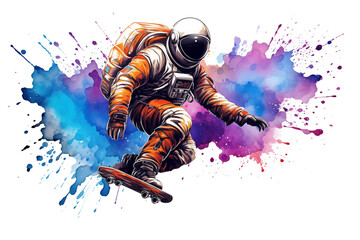 Watercolor illustration of an astronaut skateboarding in space isolate on transparent background - obrazy, fototapety, plakaty