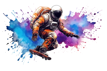 Poster Watercolor illustration of an astronaut skateboarding in space isolate on transparent background © The Origin 33