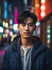 Fototapeta premium Portrait of a handsome young japanese man staring at the camera from Generative AI