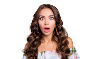 Close up portrait of good-looking, magnificent, exquisite brunette curly woman with big eyes and wide open mouth isolated on vivid teal background