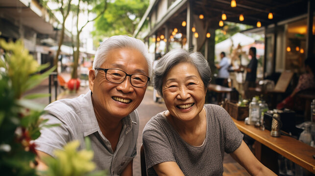 Asian retired couple taking a selfie.Pensioners having fun