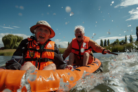 A couple of pensioners with life jackets. Boat trip, concepts of active travel for older people around the world