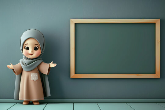 3d cartoon muslim woman with hijab next to the blackboard. ramadan kareem holiday celebration concept