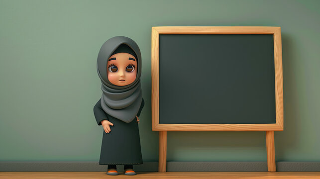 3d cartoon muslim woman with hijab next to the blackboard. ramadan kareem holiday celebration concept