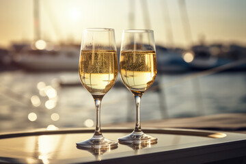 two glasses of champagne with blurry background of yacht and water
