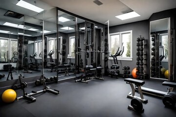A home gym with a variety of equipment, mirrored walls, and rubber flooring - obrazy, fototapety, plakaty