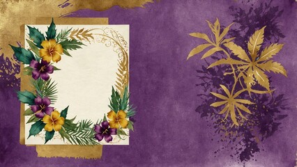 purple card with exotic flowers border, grunge paper, frame for scrapbooking, invitation, greeting or journaling