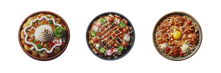  Set of Delicious Okonomiyaki, Japanese food, illustration, isolated over on transparent white background