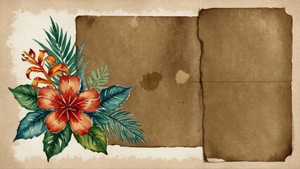 vintage background with tropical flower and aged scrapbooking paper