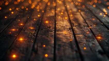 light bokeh on a wooden floor in the style of dark or