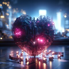 Circuit board cyber network connects two hearts symbol