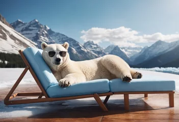 Fotobehang Polar bear wearing sunglasses is sitting on chaise longue. Mountains in snow in background. Ice melting and greenhouse effect. Concept of global warming. Ai generation © _KUBE_