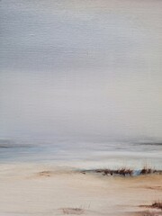 Abstract beach painting with brush strokes, coastal, contemporary art. Hand drawn art. Muted beige and blue texture oil on canvas © Alena